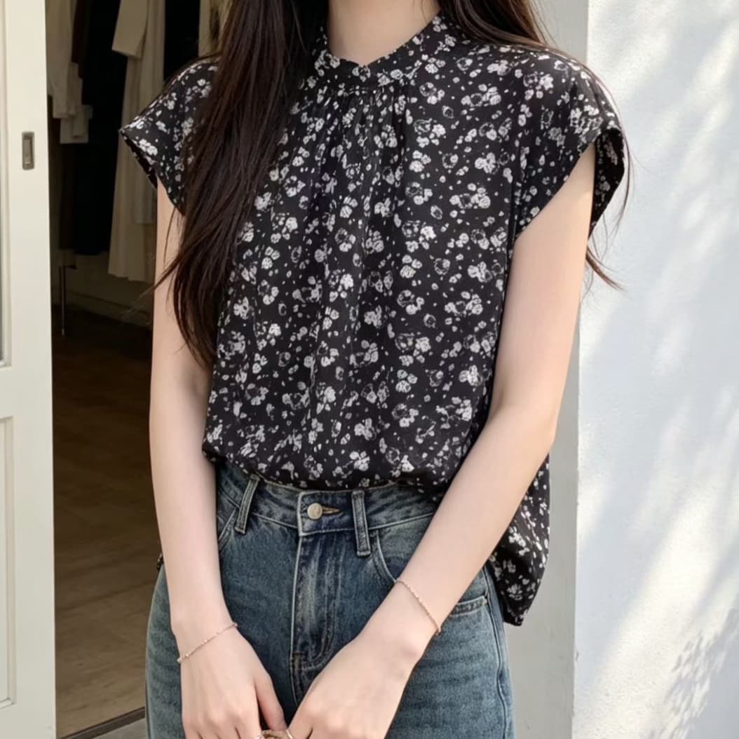 재고 있음 달콤함 프랑스식 쉬폰 블라우스 스탠드 칼라 다용도 도트 무늬 꽃무늬 반팔 여름 새로운 셔츠 이미지 3