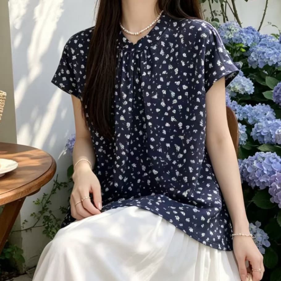 재고 있음 달콤함 프랑스식 쉬폰 블라우스 스탠드 칼라 다용도 도트 무늬 꽃무늬 반팔 여름 새로운 셔츠 이미지 2