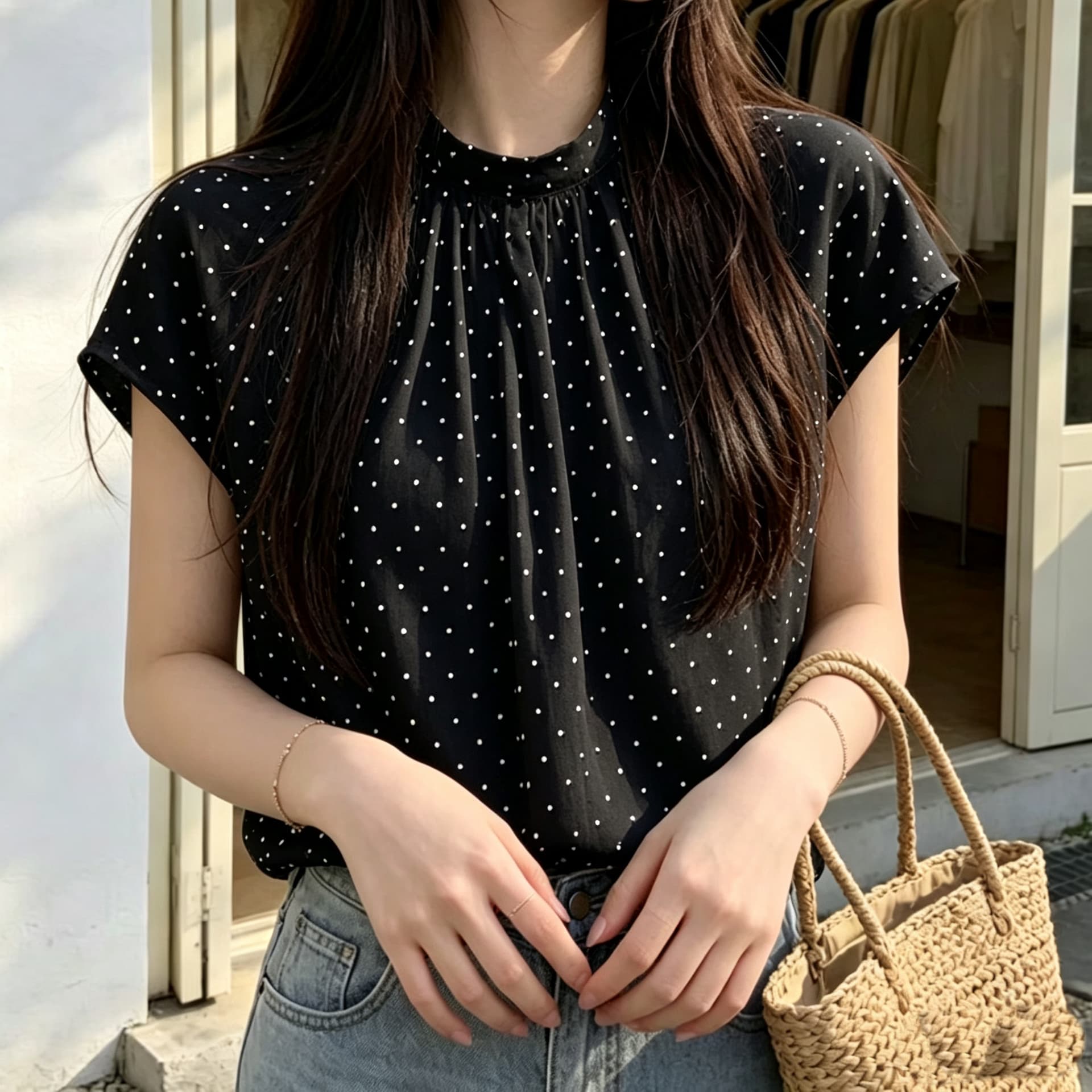 재고 있음 달콤함 프랑스식 쉬폰 블라우스 스탠드 칼라 다용도 도트 무늬 꽃무늬 반팔 여름 새로운 셔츠 상세 이미지 2
