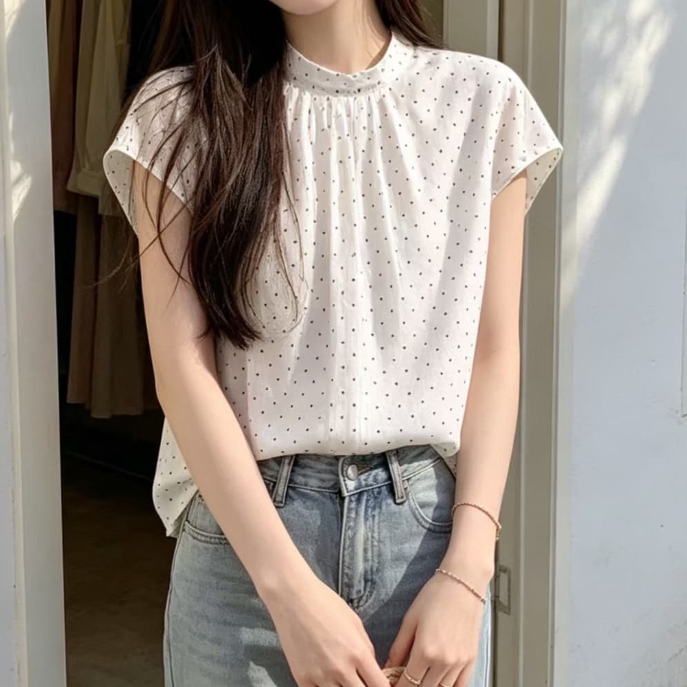 재고 있음 달콤함 프랑스식 쉬폰 블라우스 스탠드 칼라 다용도 도트 무늬 꽃무늬 반팔 여름 새로운 셔츠 상세 이미지 3