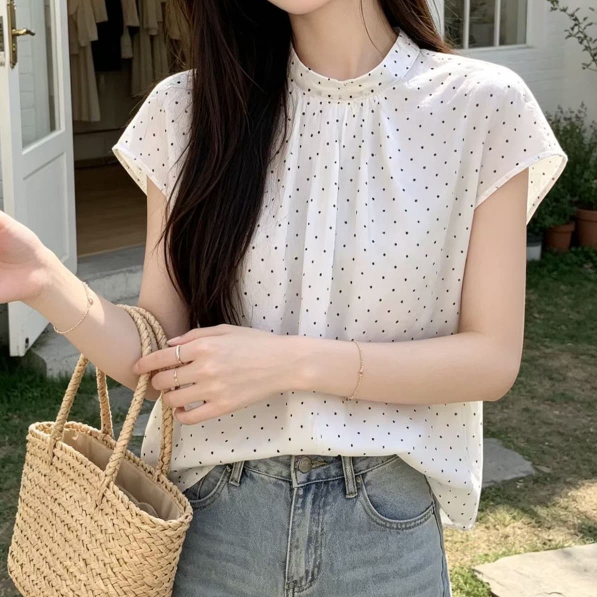 재고 있음 달콤함 프랑스식 쉬폰 블라우스 스탠드 칼라 다용도 도트 무늬 꽃무늬 반팔 여름 새로운 셔츠 상세 이미지 4
