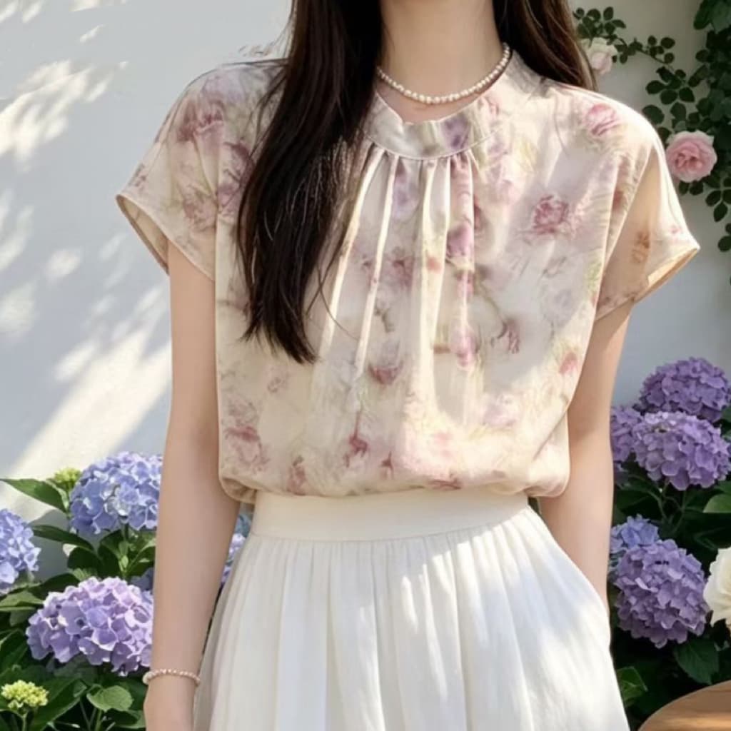 재고 있음 달콤함 프랑스식 쉬폰 블라우스 스탠드 칼라 다용도 도트 무늬 꽃무늬 반팔 여름 새로운 셔츠 상세 이미지 7