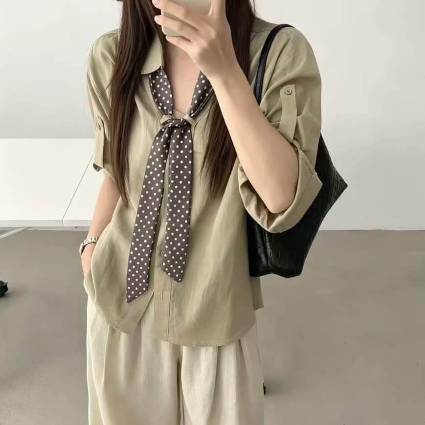 재고 있음 한 부서 여름 새로운 오래된 돈 바람 품격 싱글 줄 버튼 코디 도트 무늬 스카프 캐주얼 루즈핏 슬림해 보이는 셔츠