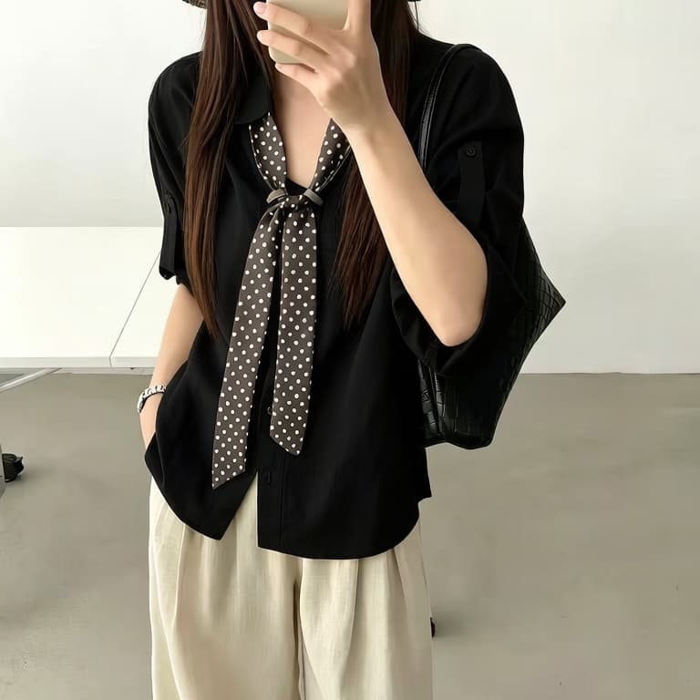 재고 있음 한 부서 여름 새로운 오래된 돈 바람 품격 싱글 줄 버튼 코디 도트 무늬 스카프 캐주얼 루즈핏 슬림해 보이는 셔츠 상세 이미지 4