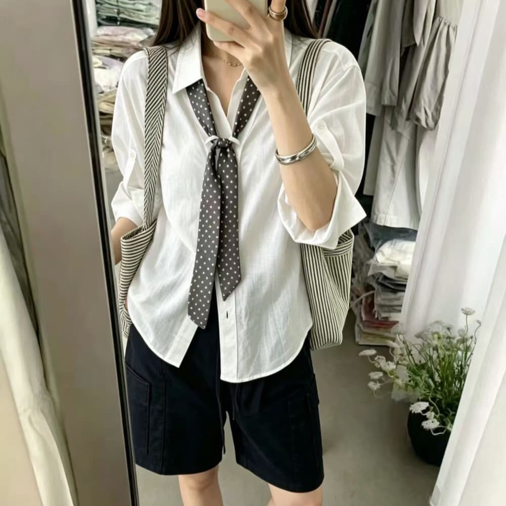 재고 있음 한 부서 여름 새로운 오래된 돈 바람 품격 싱글 줄 버튼 코디 도트 무늬 스카프 캐주얼 루즈핏 슬림해 보이는 셔츠 상세 이미지 5