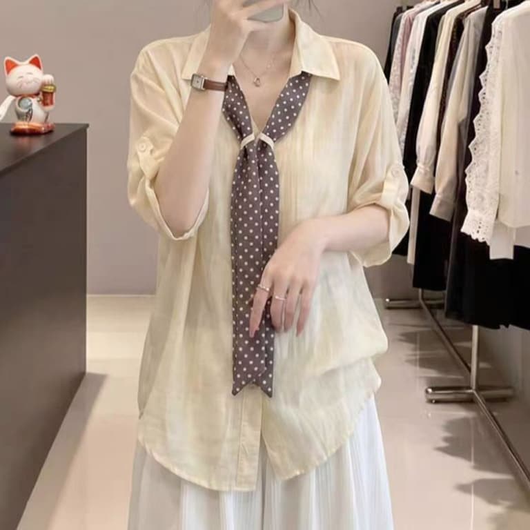 재고 있음 한 부서 여름 새로운 오래된 돈 바람 품격 싱글 줄 버튼 코디 도트 무늬 스카프 캐주얼 루즈핏 슬림해 보이는 셔츠 상세 이미지 6