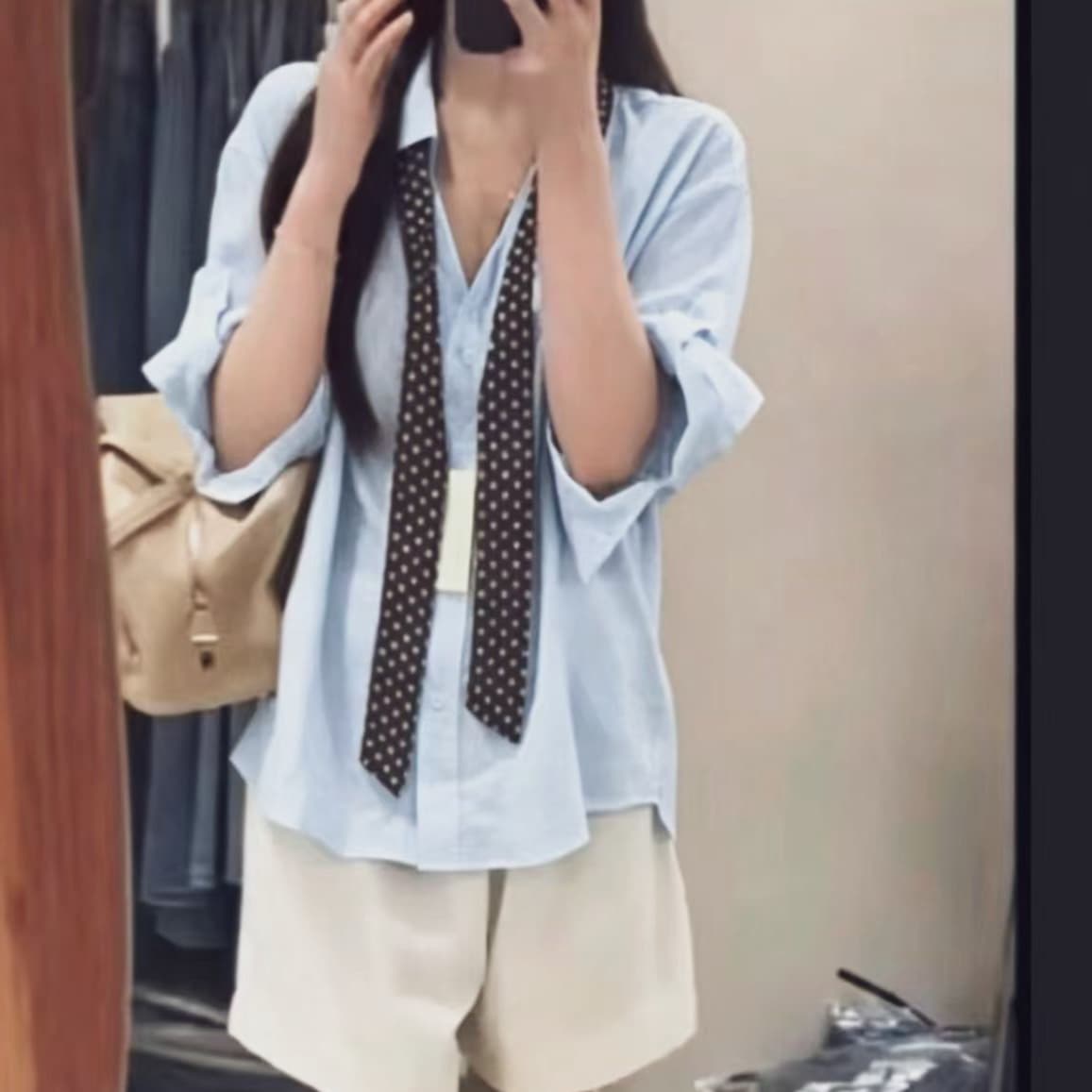 재고 있음 한 부서 여름 새로운 오래된 돈 바람 품격 싱글 줄 버튼 코디 도트 무늬 스카프 캐주얼 루즈핏 슬림해 보이는 셔츠 상세 이미지 7