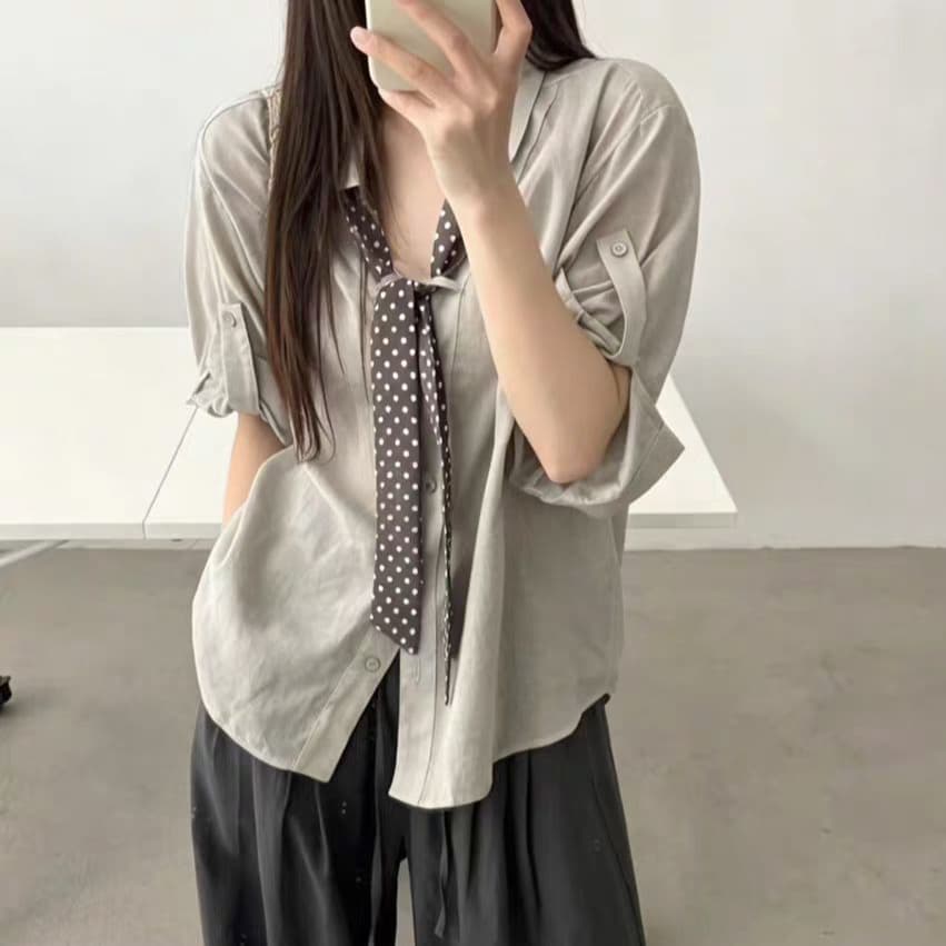 재고 있음 한 부서 여름 새로운 오래된 돈 바람 품격 싱글 줄 버튼 코디 도트 무늬 스카프 캐주얼 루즈핏 슬림해 보이는 셔츠 상세 이미지 8