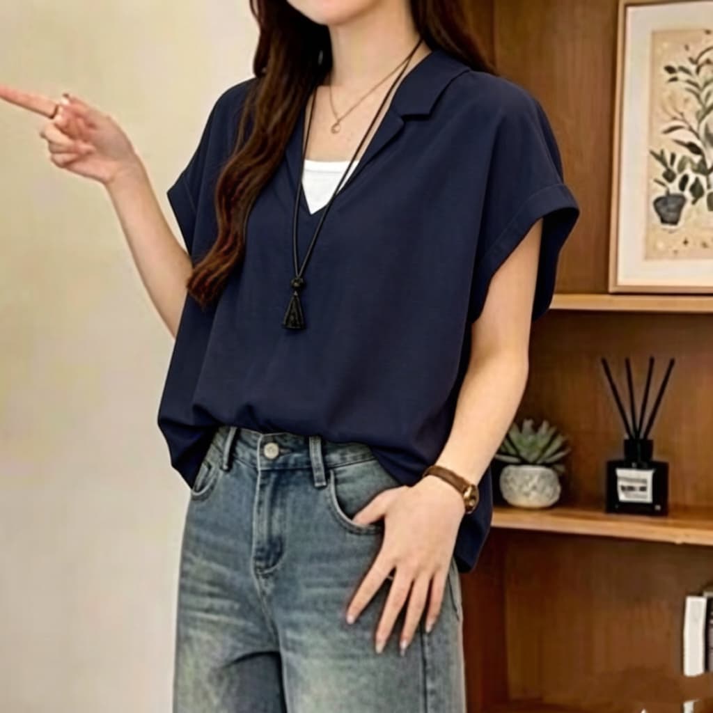 주문 재고 있음 고급 센스 페이크 레이어드 반팔 셔츠 여성 여름 루즈핏 슬림해 보이는 얇은 스타일 고유 한 아름다운 맨위 이미지 4
