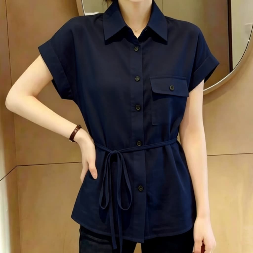 재고 있음 빅 사이즈 디자인 센스 레이스업 허리 수축 POLO 칼라 셔츠 여름 지방 mm 루즈핏 표지 배 다용도 반팔 셔츠 이미지 2