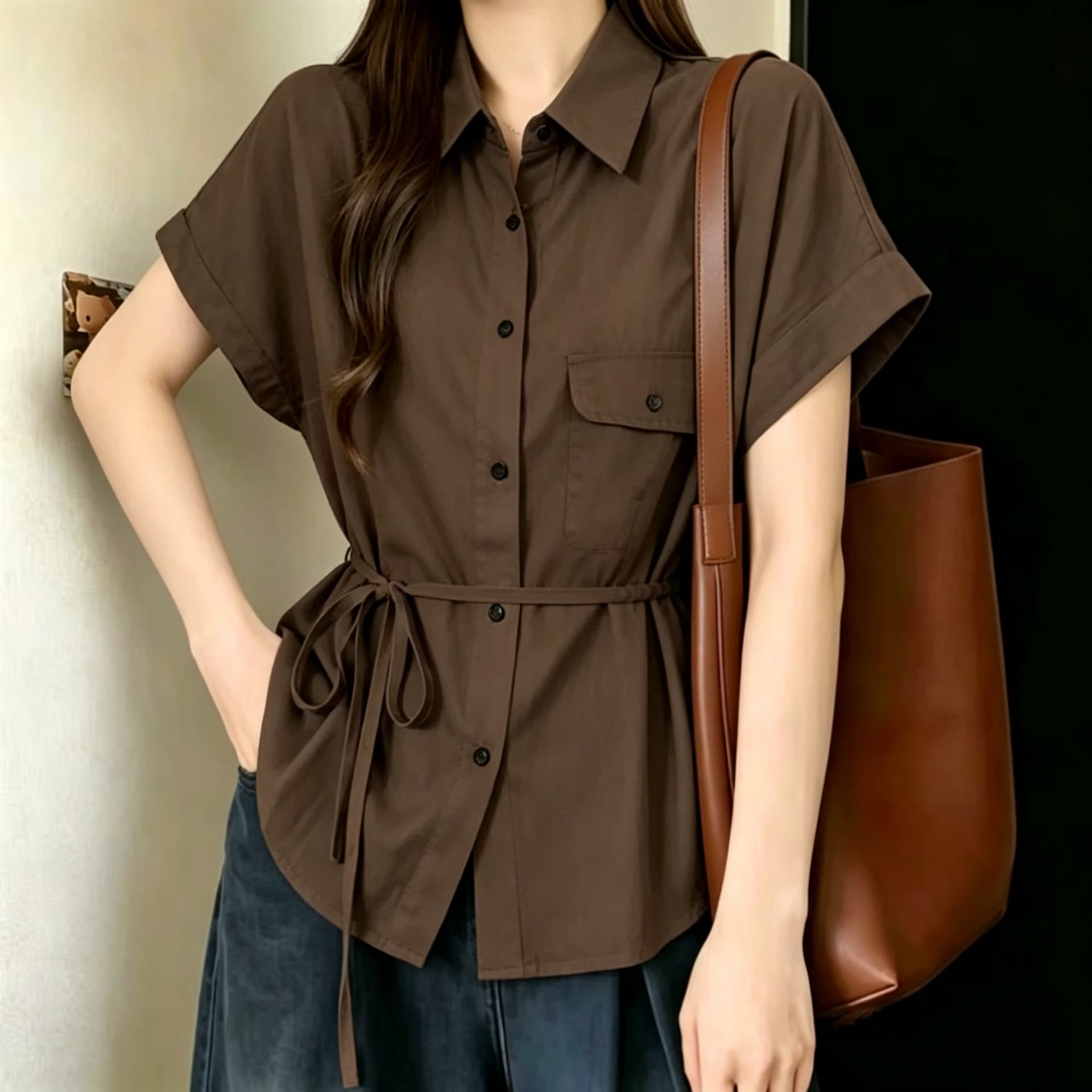 재고 있음 빅 사이즈 디자인 센스 레이스업 허리 수축 POLO 칼라 셔츠 여름 지방 mm 루즈핏 표지 배 다용도 반팔 셔츠 상세 이미지 5