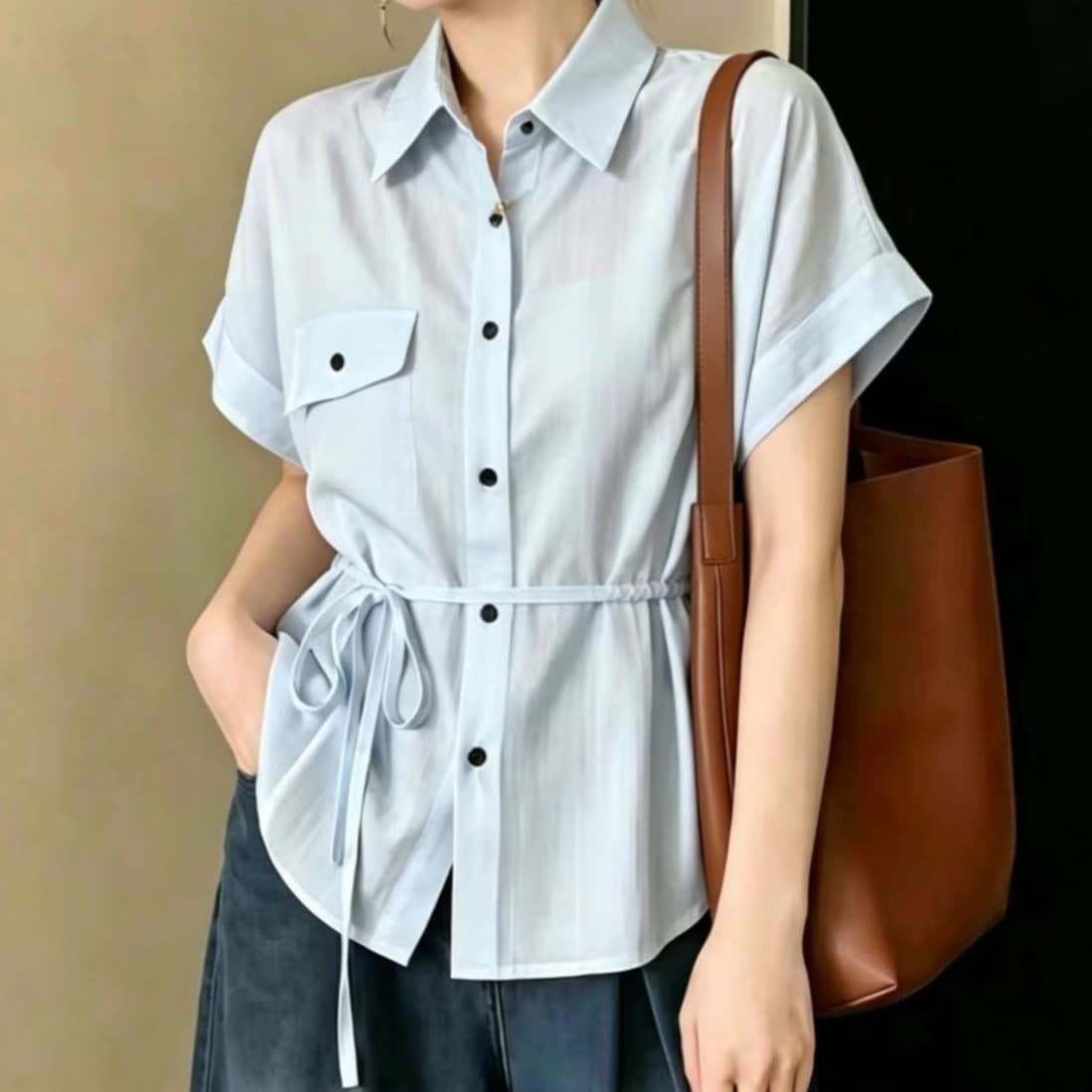 재고 있음 빅 사이즈 디자인 센스 레이스업 허리 수축 POLO 칼라 셔츠 여름 지방 mm 루즈핏 표지 배 다용도 반팔 셔츠 상세 이미지 6