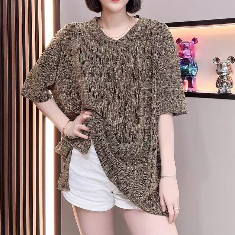 재고 있음 유럽 역 무거운 작업 핫픽스 티셔츠 여성 여름 루즈핏 중간 길이 Chic V넥 반팔 레트로 고급 센스 맨위 이미지 2