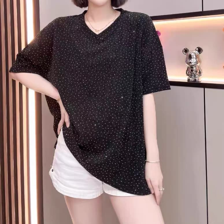 재고 있음 유럽 역 무거운 작업 핫픽스 티셔츠 여성 여름 루즈핏 중간 길이 Chic V넥 반팔 레트로 고급 센스 맨위 상세 이미지 1