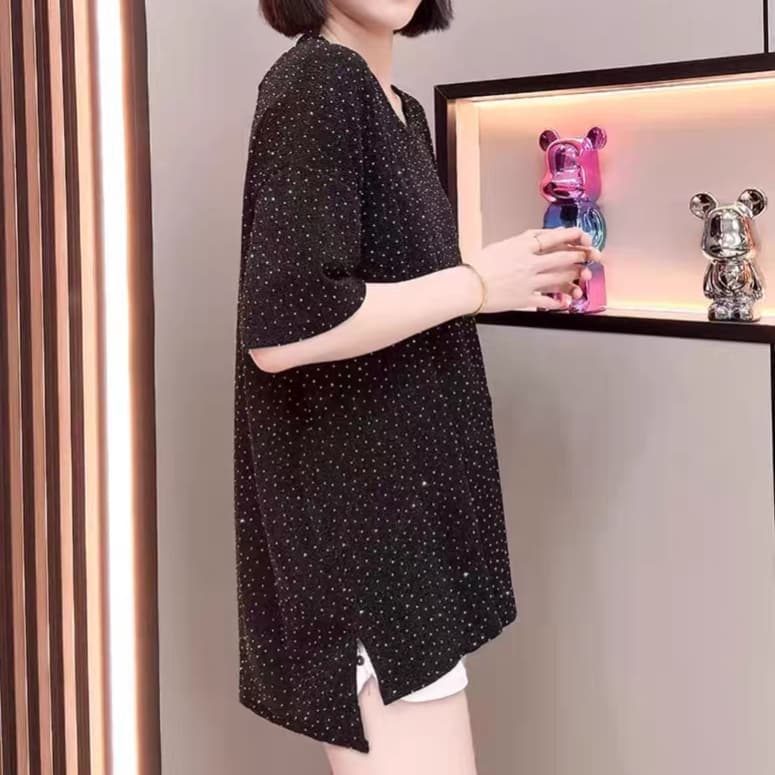 재고 있음 유럽 역 무거운 작업 핫픽스 티셔츠 여성 여름 루즈핏 중간 길이 Chic V넥 반팔 레트로 고급 센스 맨위 상세 이미지 2