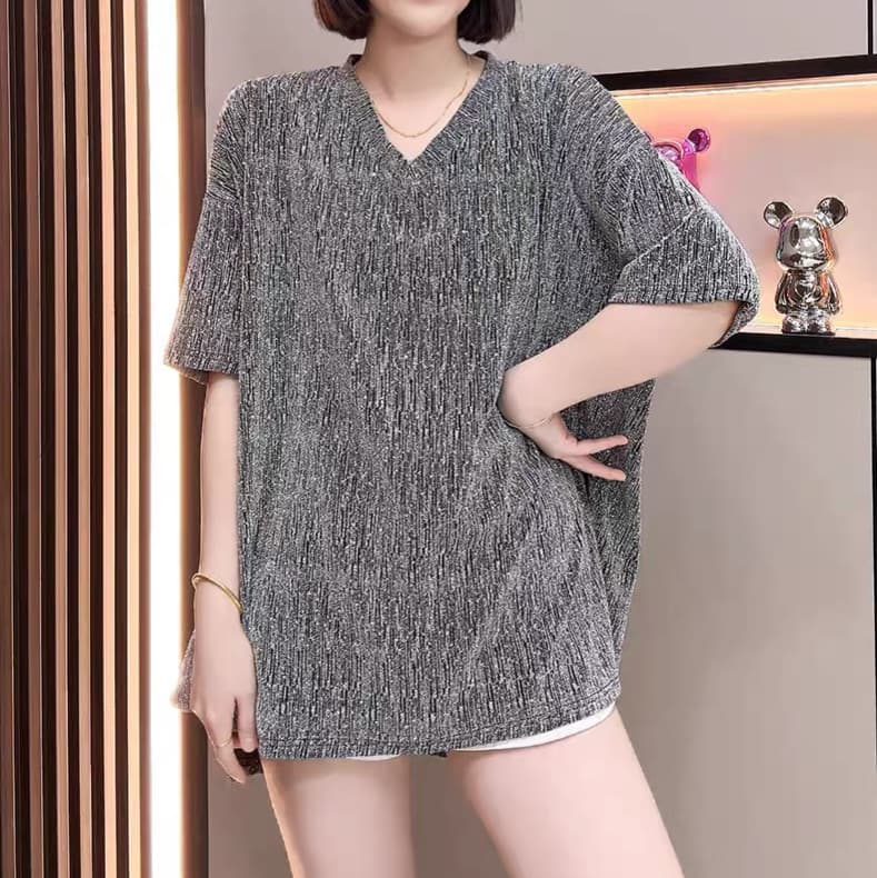재고 있음 유럽 역 무거운 작업 핫픽스 티셔츠 여성 여름 루즈핏 중간 길이 Chic V넥 반팔 레트로 고급 센스 맨위 상세 이미지 6