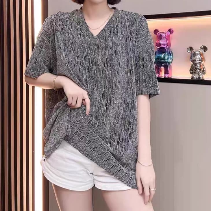 재고 있음 유럽 역 무거운 작업 핫픽스 티셔츠 여성 여름 루즈핏 중간 길이 Chic V넥 반팔 레트로 고급 센스 맨위 상세 이미지 7