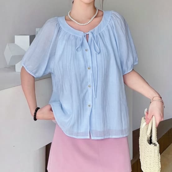 재고 있음 부드러운 바람 프랑스식 거품 소매 파란색 라운드 넥 셔츠 여름 새로운 몸매 가꾸기 레이스업 디자인 센스 작은 대중 맨위 이미지 2