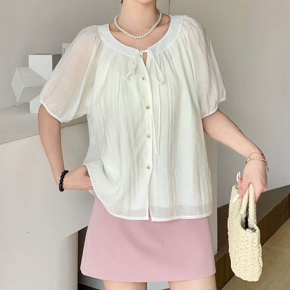 재고 있음 부드러운 바람 프랑스식 거품 소매 파란색 라운드 넥 셔츠 여름 새로운 몸매 가꾸기 레이스업 디자인 센스 작은 대중 맨위 상세 이미지 7