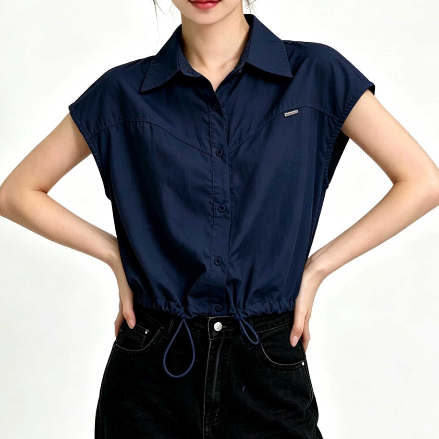 재고 있음 POLO 칼라 반팔 여성 셔츠 루즈핏 여름 새로운 고급 센스 펌프 로프 슬림해 보이는 쇼트 스타일 민소매 작은 맨위 이미지 2