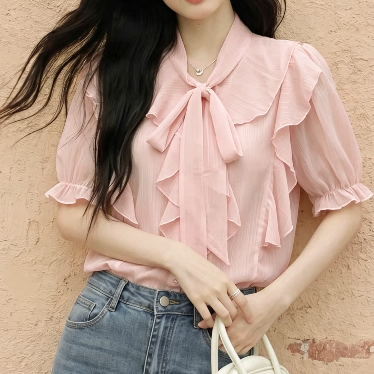 재고 있음 프랑스식 품격 프릴 쉬폰 여성 셔츠 여름 새로운 절묘한 나비 넥타이 반팔 맨위 이미지 2