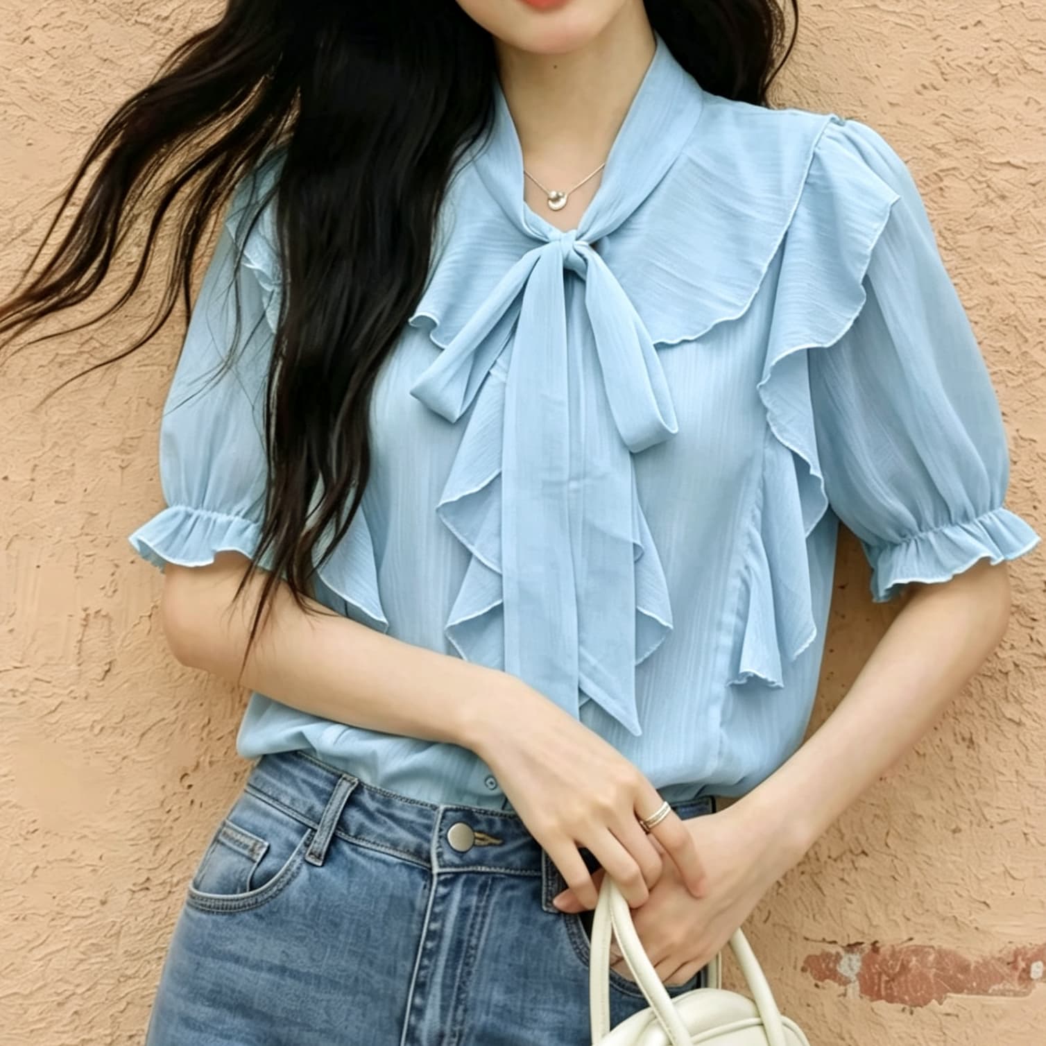 재고 있음 프랑스식 품격 프릴 쉬폰 여성 셔츠 여름 새로운 절묘한 나비 넥타이 반팔 맨위 상세 이미지 3