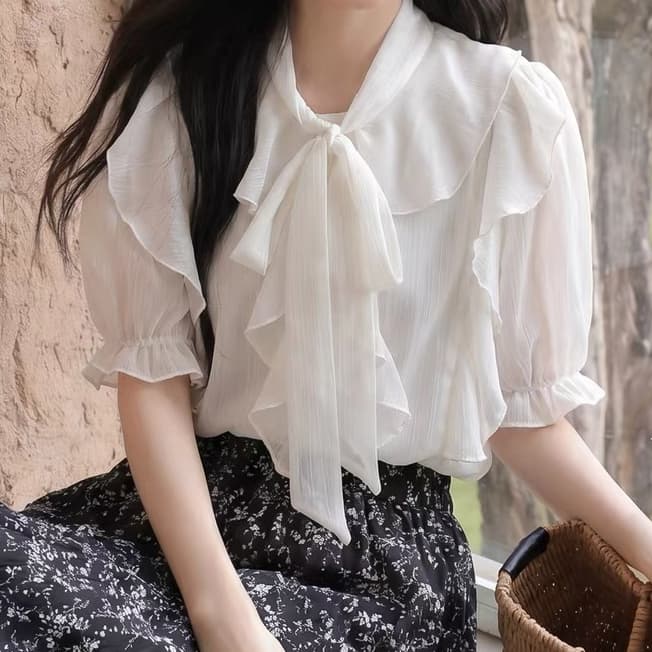 재고 있음 프랑스식 품격 프릴 쉬폰 여성 셔츠 여름 새로운 절묘한 나비 넥타이 반팔 맨위 상세 이미지 8