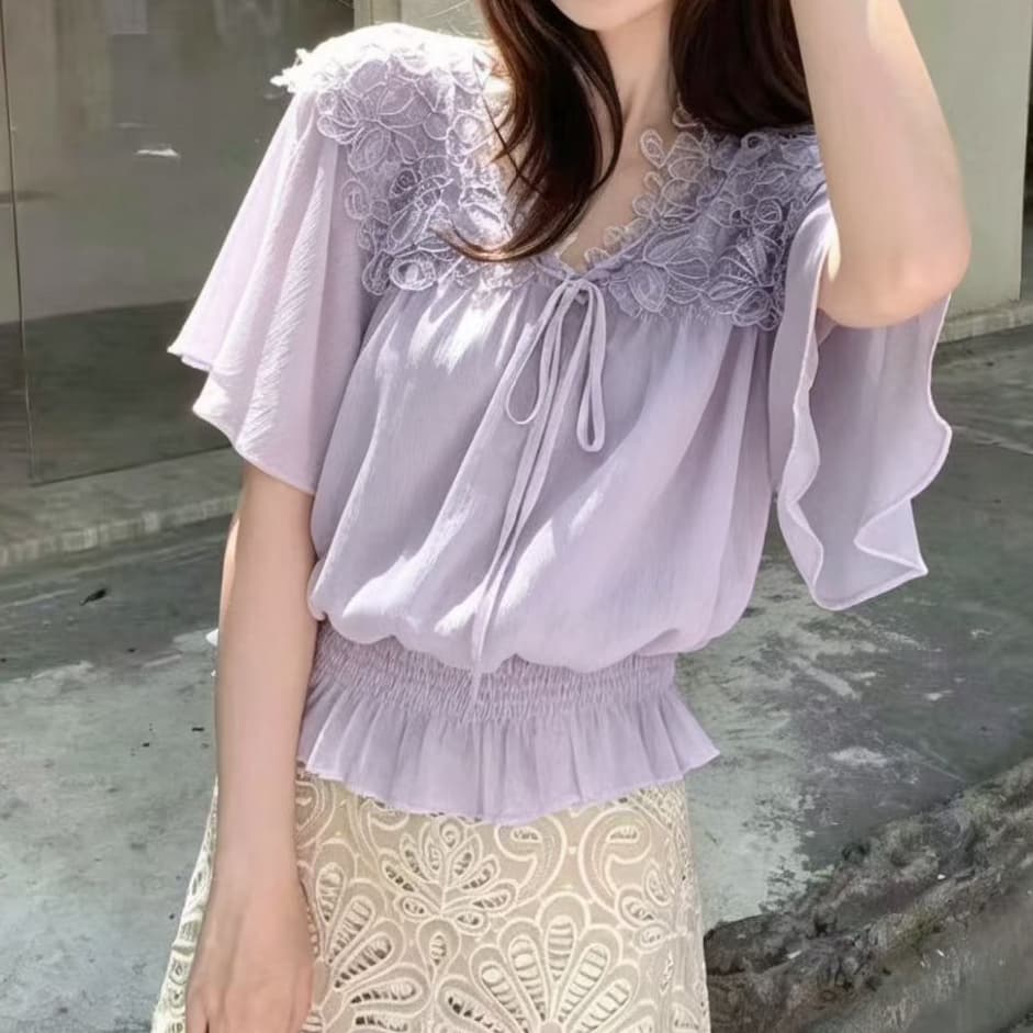 재고 있음 프랑스식 부드러운 바람 레이스 자수 프릴 여성 셔츠 여름 새로운 주름 허리 수축 망토 작은 셔츠 맨위 상세 이미지 10