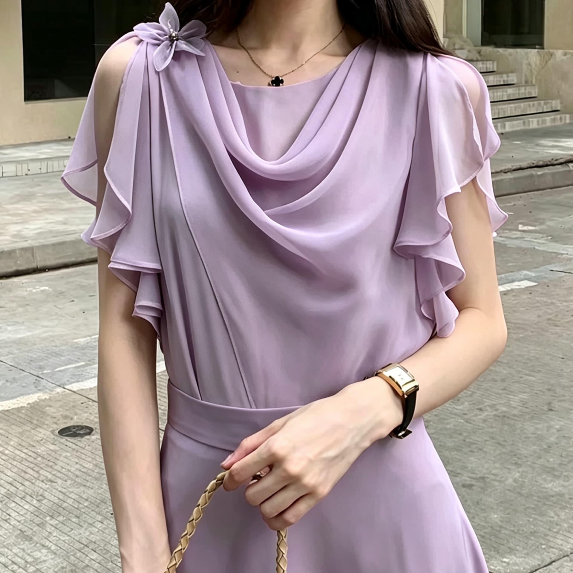 재고 있음 프랑스식 라운드 넥 디자인 센스 비대칭 반팔 쉬폰 블라우스 여름 새로운 프릴 다용도 흔들다 칼라 맨위 이미지 4
