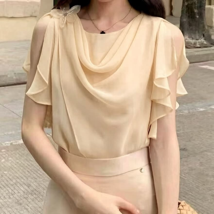 재고 있음 프랑스식 라운드 넥 디자인 센스 비대칭 반팔 쉬폰 블라우스 여름 새로운 프릴 다용도 흔들다 칼라 맨위 상세 이미지 6