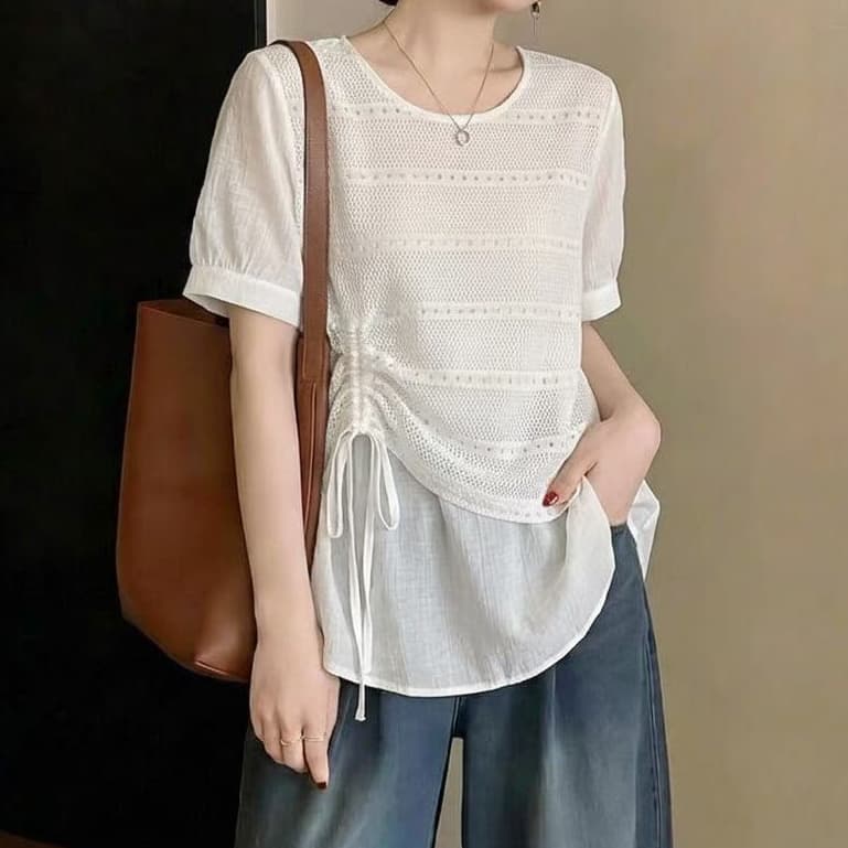 재고 있음 빅 사이즈 디자인 센스 펌프 로프 반팔 여성 셔츠 여름 새로운 지방 mm 슬림해 보이는 루즈핏 품격 페이크 레이어드 맨위