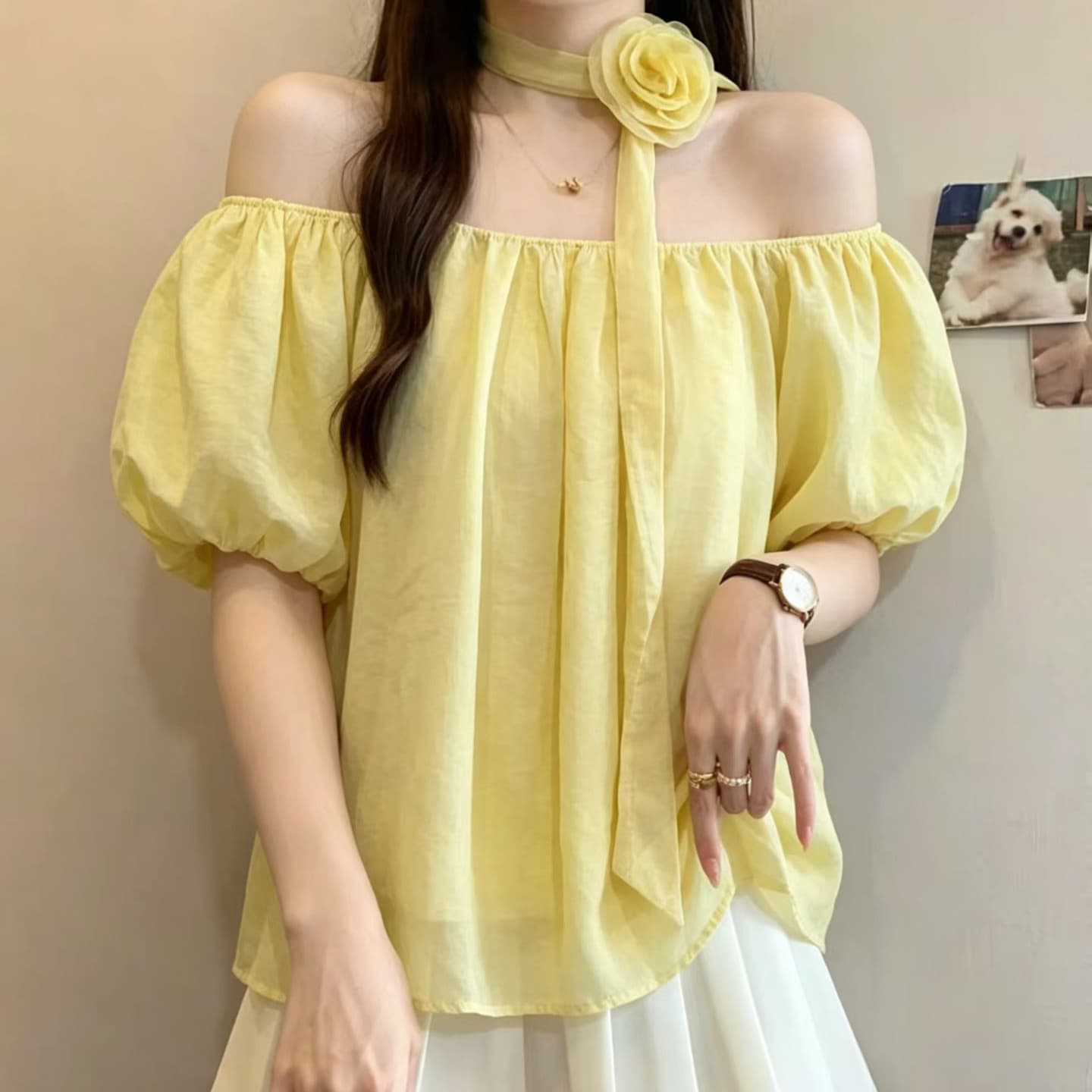 재고 있음 한 부서 부드러운 바람 꽃 리본 행침 목 쉬폰 블라우스 여름 거품 소매 루즈핏 슬림해 보이는 순수한 욕망 오프숄더 맨위