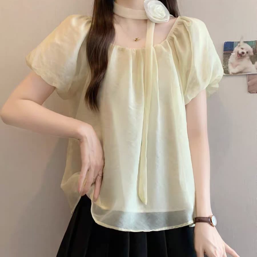 재고 있음 한 부서 부드러운 바람 꽃 리본 행침 목 쉬폰 블라우스 여름 거품 소매 루즈핏 슬림해 보이는 순수한 욕망 오프숄더 맨위 상세 이미지 1
