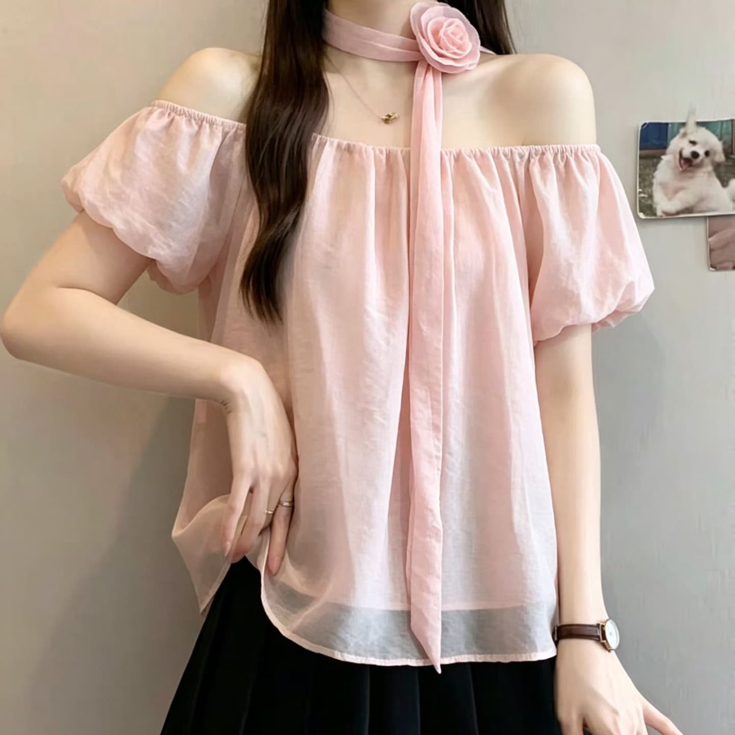 재고 있음 한 부서 부드러운 바람 꽃 리본 행침 목 쉬폰 블라우스 여름 거품 소매 루즈핏 슬림해 보이는 순수한 욕망 오프숄더 맨위 상세 이미지 2