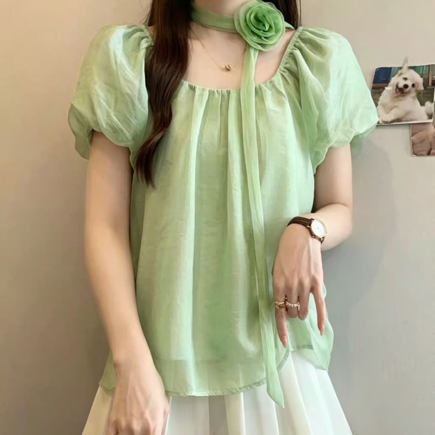 재고 있음 한 부서 부드러운 바람 꽃 리본 행침 목 쉬폰 블라우스 여름 거품 소매 루즈핏 슬림해 보이는 순수한 욕망 오프숄더 맨위 상세 이미지 3