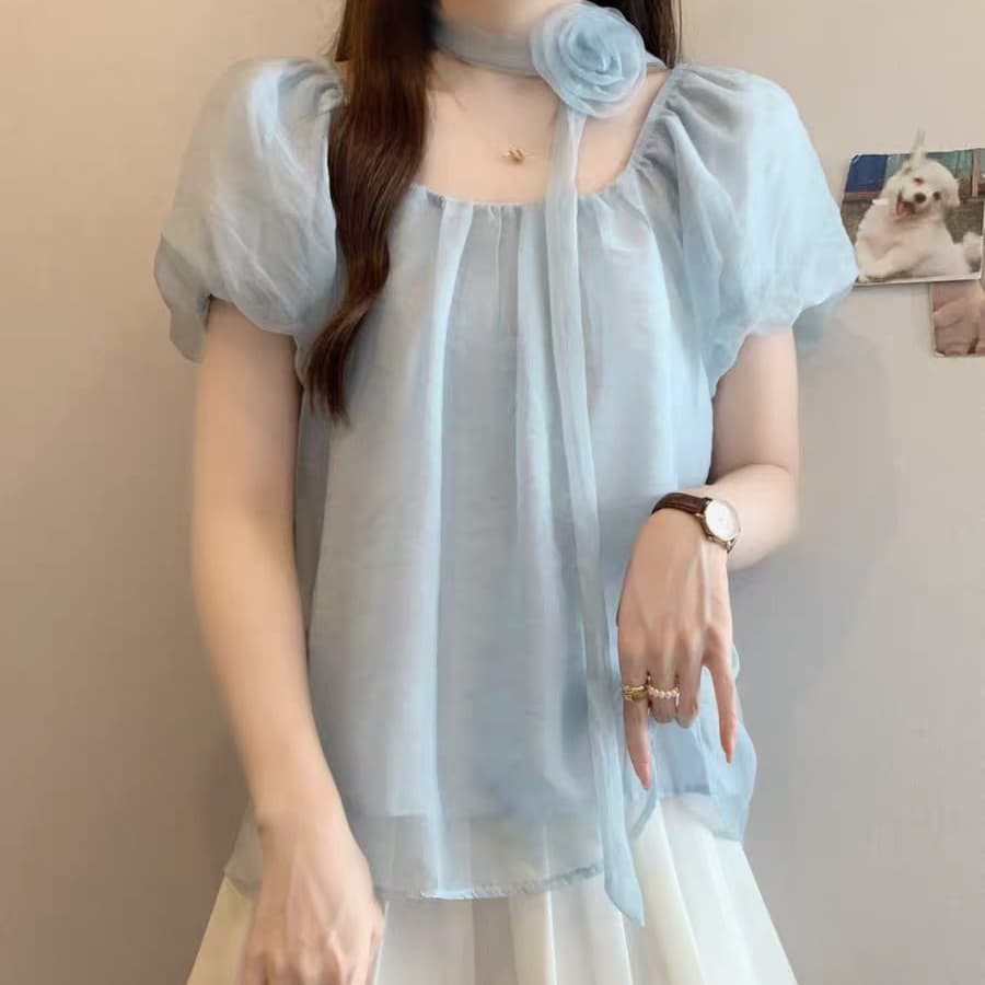 재고 있음 한 부서 부드러운 바람 꽃 리본 행침 목 쉬폰 블라우스 여름 거품 소매 루즈핏 슬림해 보이는 순수한 욕망 오프숄더 맨위 상세 이미지 5