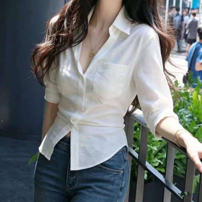 재고 있음 느긋한 부서 매듭 품격 순수한 백색 이슬 허리 나비 레이스업 여성 셔츠 봄 여름 다용도 몸매 가꾸기 맨위 중간 소매 상세 이미지 6