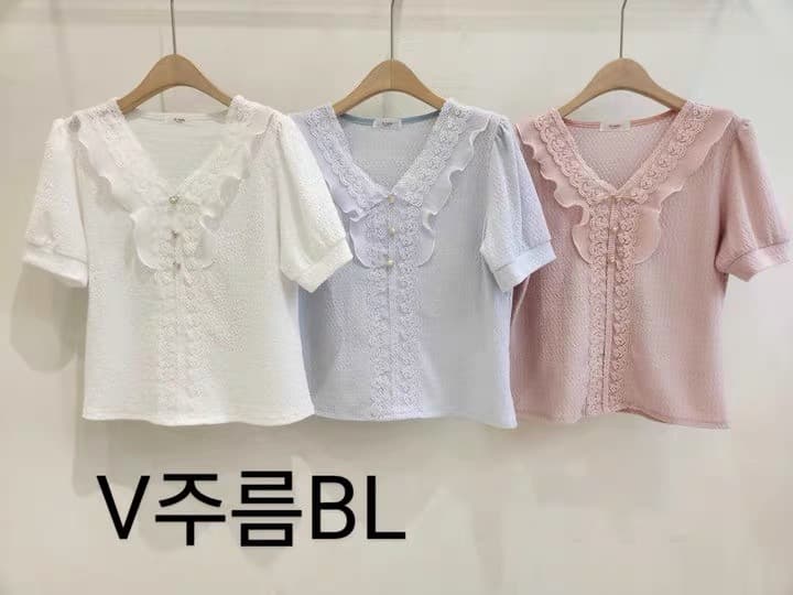 재고 있음 한국 동대문 여름 새로운 레이스 패치워크 V넥 패션 단색 반팔 품격 레이스 셔츠 상세 이미지 1