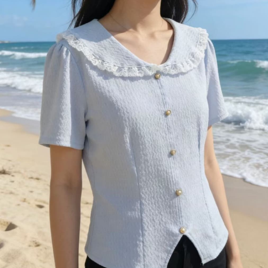 재고 있음 여름 작은 샤넬 스타일 외국 가스 레이스 조각 베이비 칼라 반팔 여성 셔츠 디자인 센스 슬림해 보이는 쇼트 스타일 맨위 이미지 2