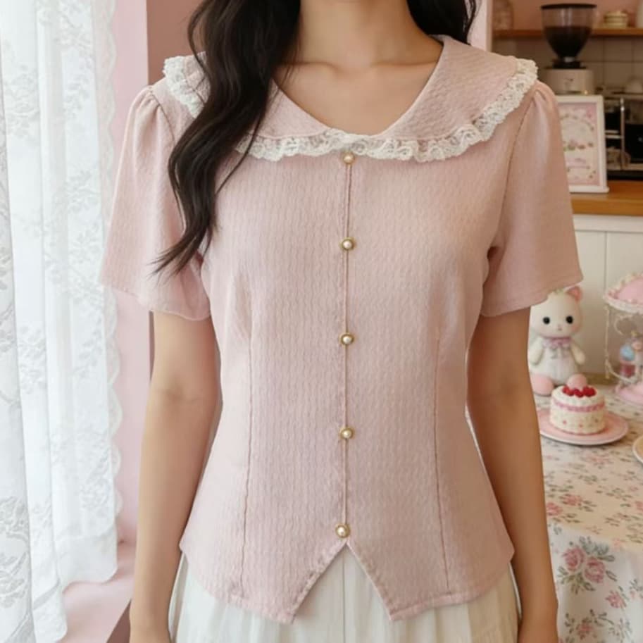 재고 있음 여름 작은 샤넬 스타일 외국 가스 레이스 조각 베이비 칼라 반팔 여성 셔츠 디자인 센스 슬림해 보이는 쇼트 스타일 맨위 상세 이미지 3
