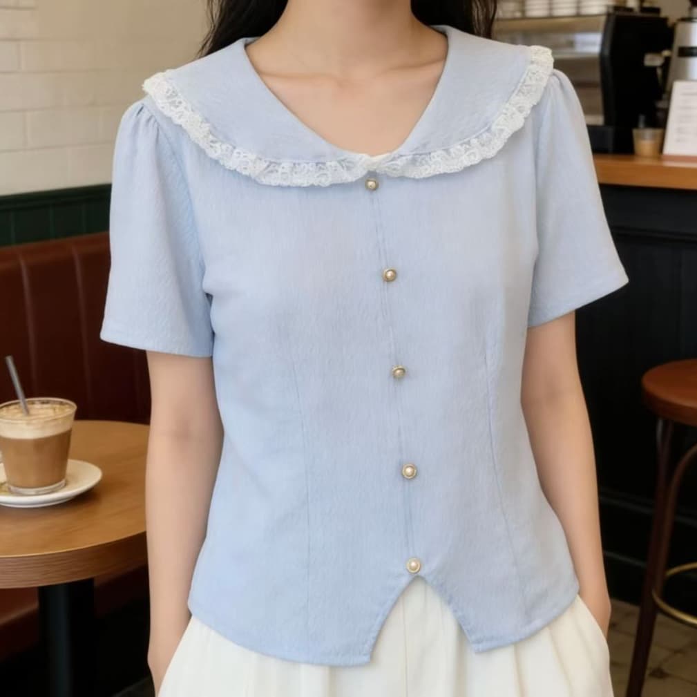 재고 있음 여름 작은 샤넬 스타일 외국 가스 레이스 조각 베이비 칼라 반팔 여성 셔츠 디자인 센스 슬림해 보이는 쇼트 스타일 맨위 상세 이미지 5