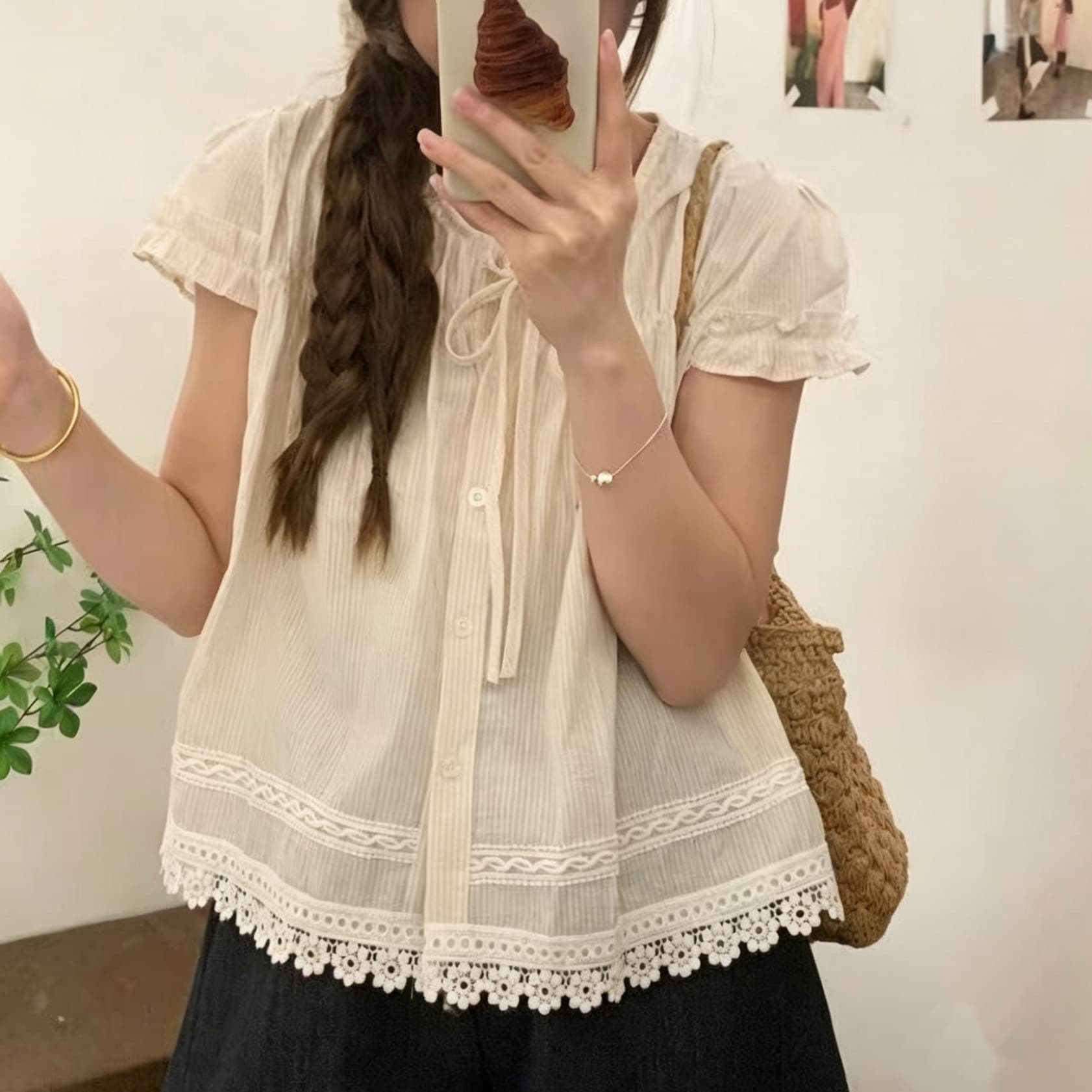 재고 있음 달콤한 자매 바람 파란색 레이스 레이스 반팔 여성 셔츠 여름 폭발 자이언트 잘 생긴 루즈핏 슬림해 보이는 스트라이프 맨위 이미지 3