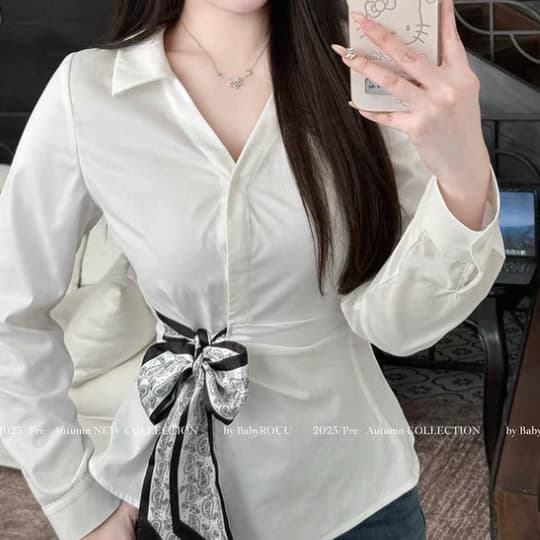 재고 있음 봄 가을 새로운 디자인 센스 배색 리본 비틀림 긴팔 슬림해 보이는 허리 수축 셔츠 아니요 올린 사람 : 공 흰 셔츠