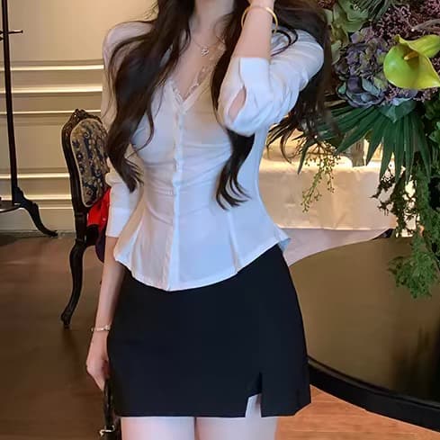 재고 있음 그는 부서 여신 화이트 V넥 레이스 조각 여성 셔츠 순수한 욕망 몸매 가꾸기 슬림해 보이는 맨위 가을 긴팔 이미지 2