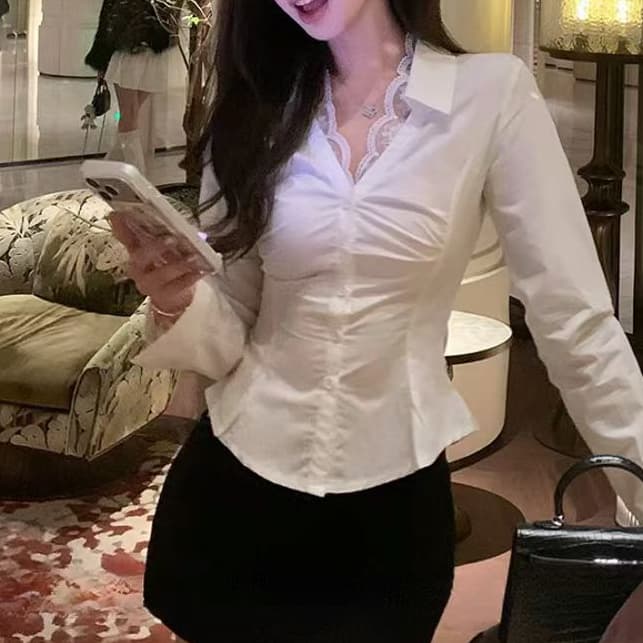 재고 있음 그는 부서 여신 화이트 V넥 레이스 조각 여성 셔츠 순수한 욕망 몸매 가꾸기 슬림해 보이는 맨위 가을 긴팔 상세 이미지 2