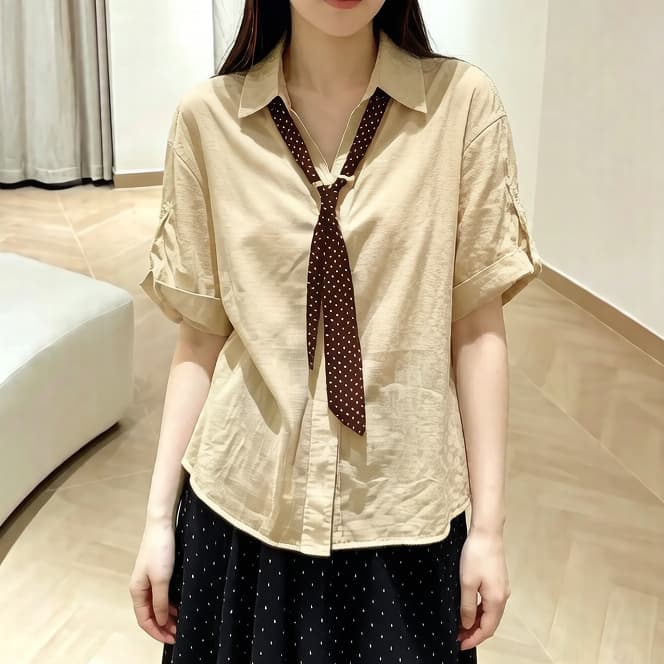 재고 있음 프랑스식 고급 센스 도트 무늬 스카프 5 점 소매 여성 셔츠 여름 새로운 디자인 센스 작은 대중 맨위 이미지 4