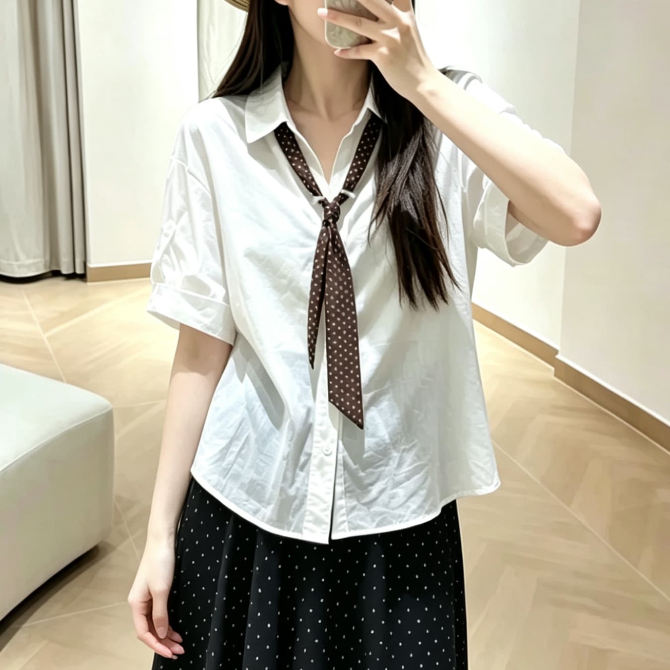 재고 있음 프랑스식 고급 센스 도트 무늬 스카프 5 점 소매 여성 셔츠 여름 새로운 디자인 센스 작은 대중 맨위 이미지 2