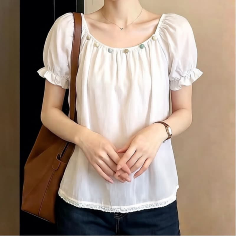 재고 있음 핑크색 오프숄더 색상 비즈 거품 소매 셔츠 여름 한 부서 루즈핏 표지 배 인형 셔츠 반팔 맨위 이미지 5