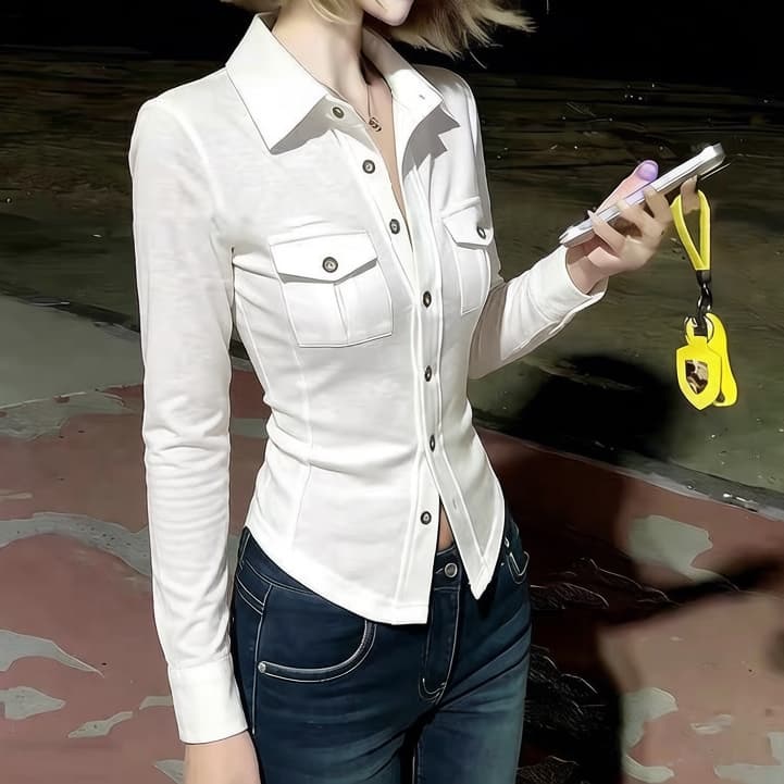 재고 있음 출퇴근 POLO 칼라 싱글 줄 버튼 다용도 여성 셔츠 봄 가을 새로운 품격 기초 섹션 화이트 오픈 가디건 맨위 이미지 2