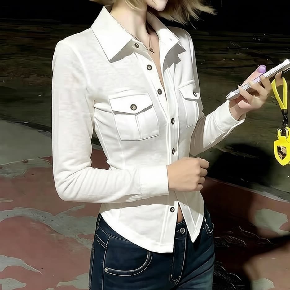 재고 있음 출퇴근 POLO 칼라 싱글 줄 버튼 다용도 여성 셔츠 봄 가을 새로운 품격 기초 섹션 화이트 오픈 가디건 맨위